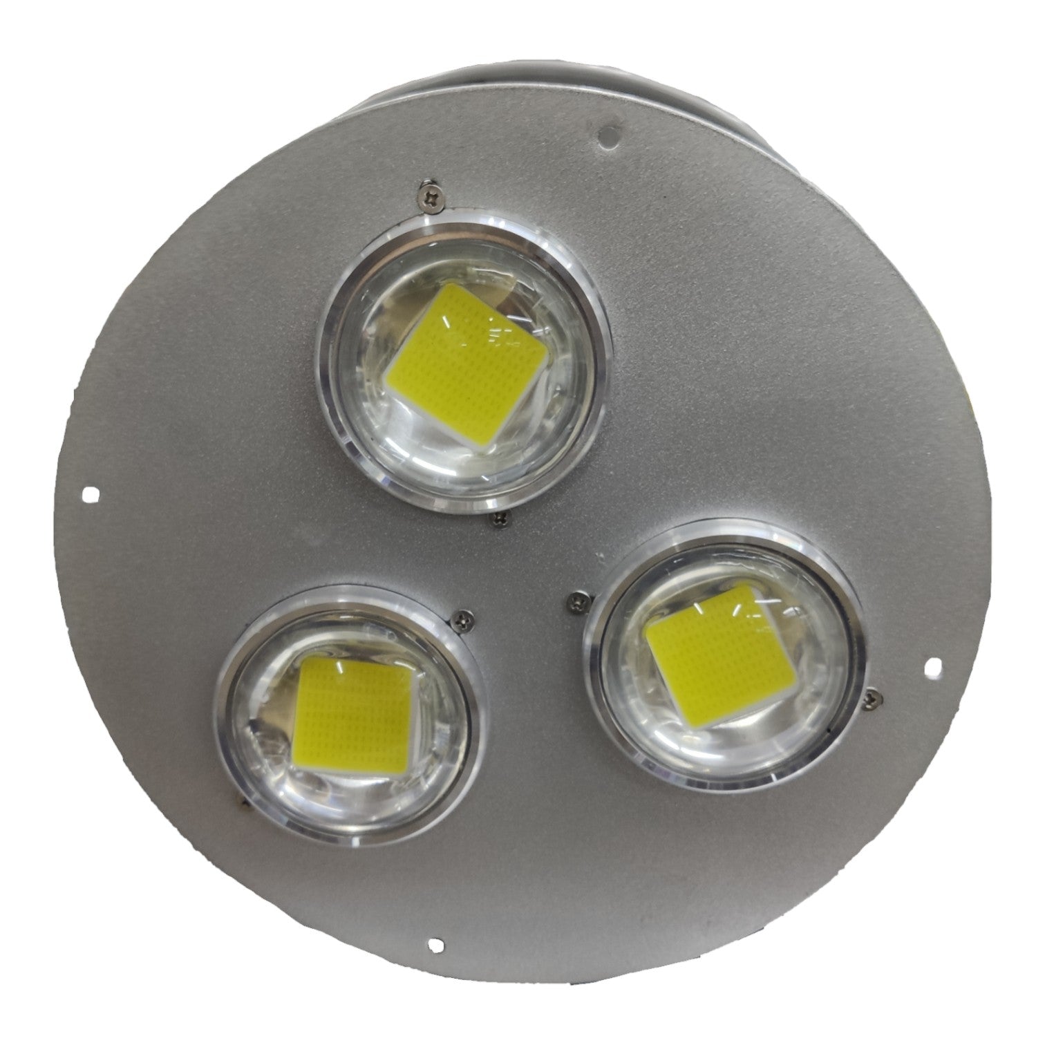 Round metallic light fixture with three LED lights on a white background