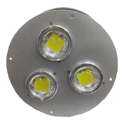 Round metallic light fixture with three LED lights on a white background