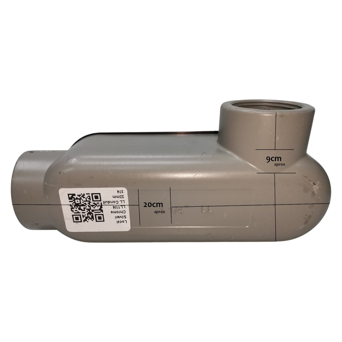 PVC pipe fitting with measurement markings on a white background