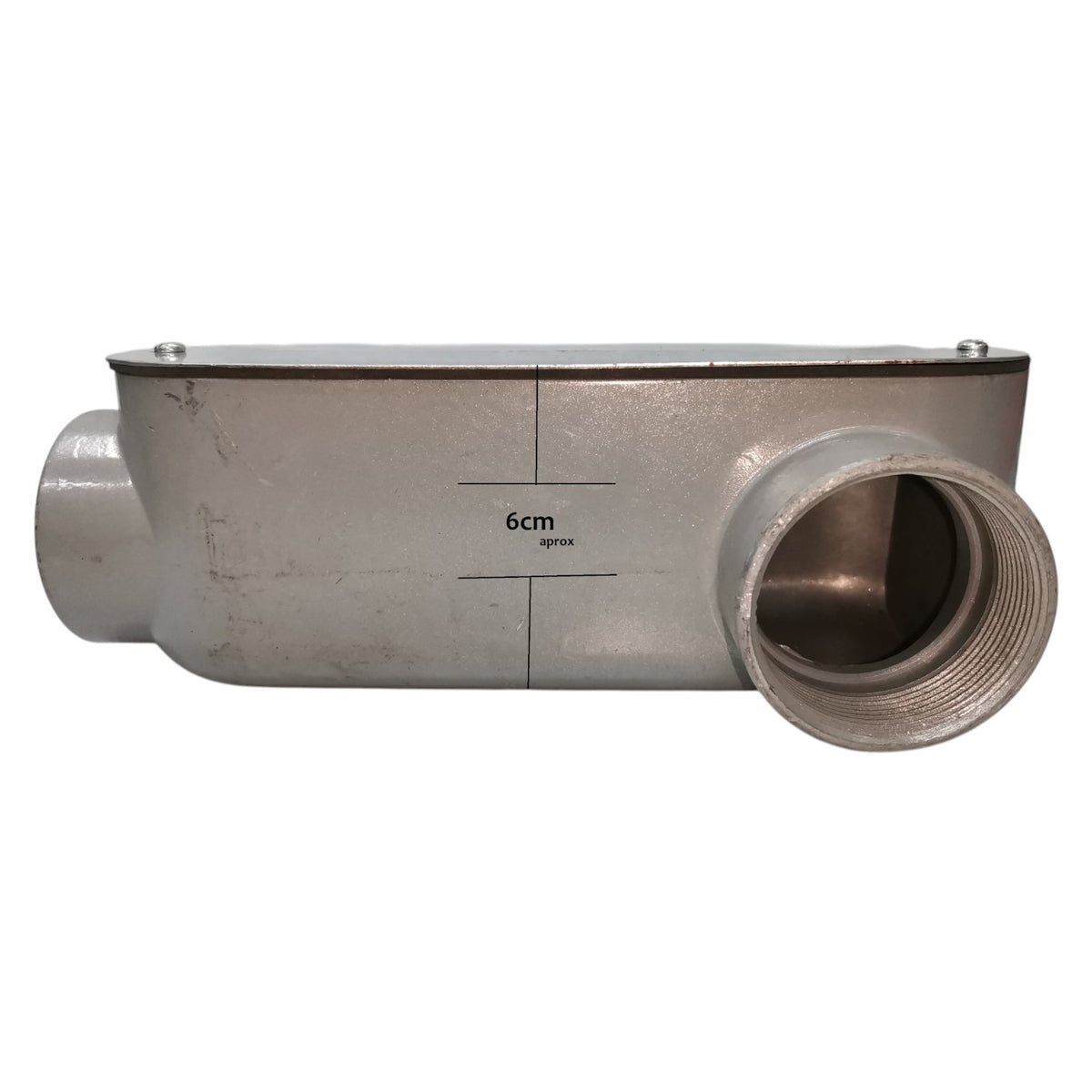 Metal pipe fitting with dimensions on a white background