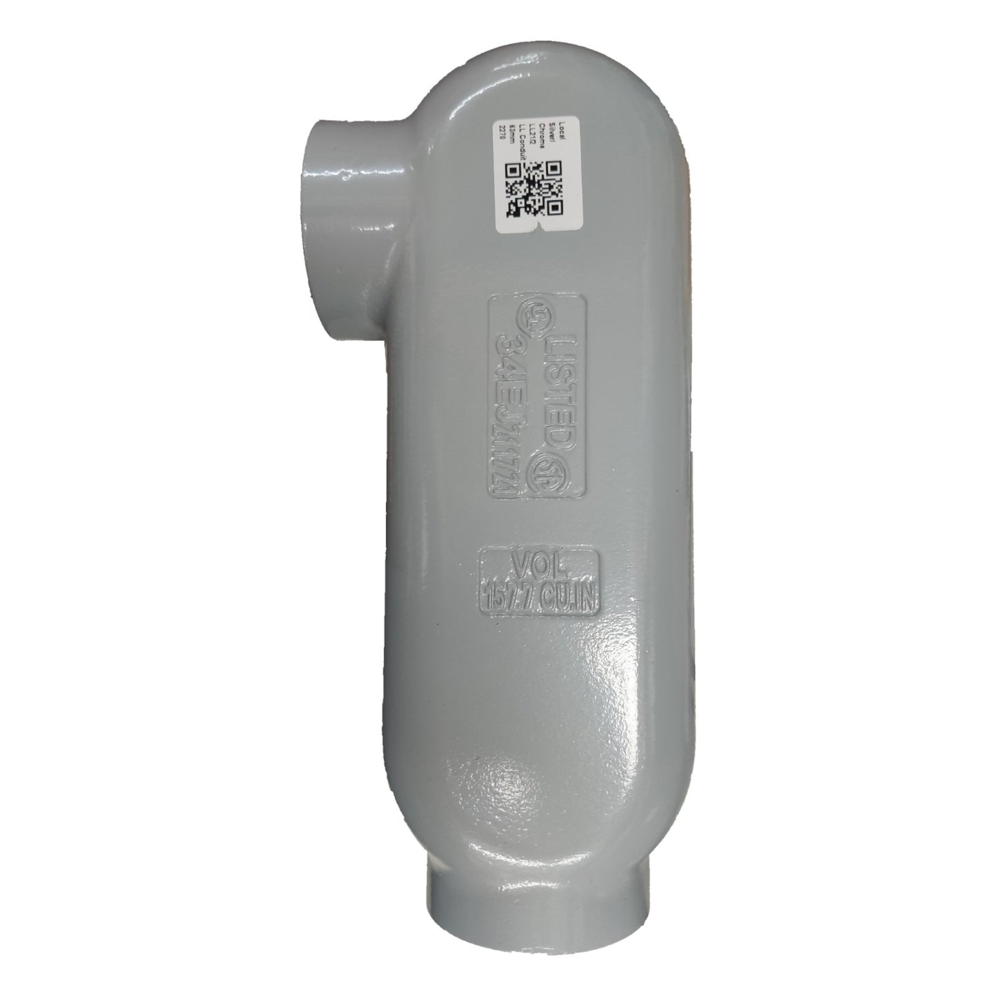 Gray plastic pipe fitting with a brand label on a white background
