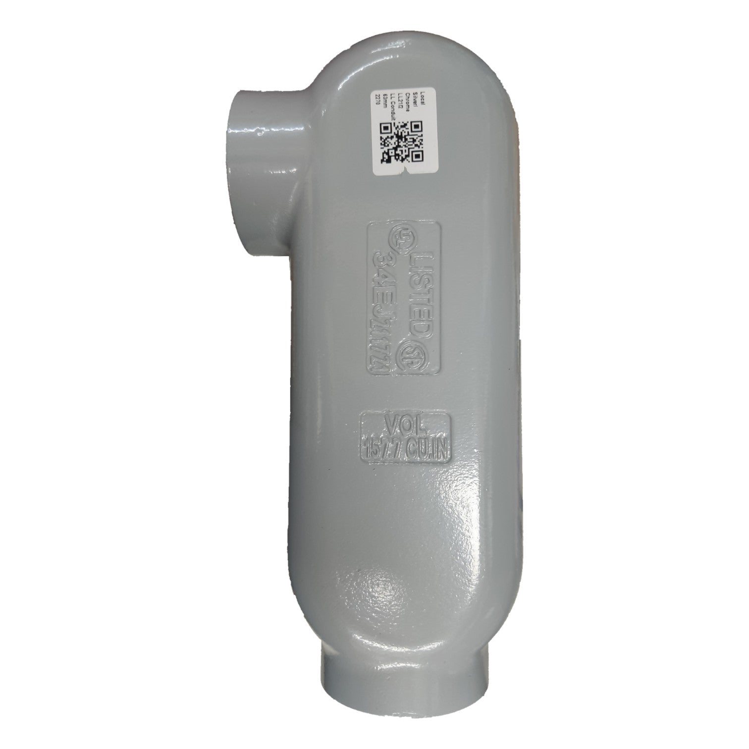 Gray plastic pipe fitting with a brand label on a white background