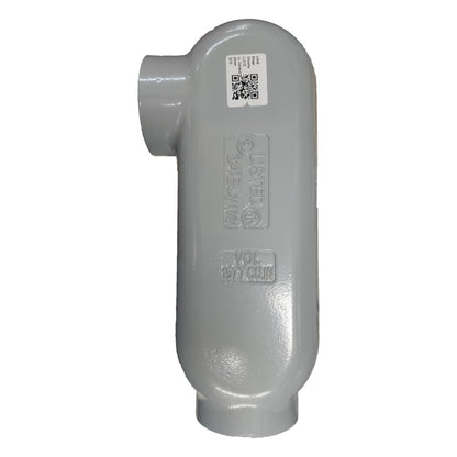 Gray plastic pipe fitting with a brand label on a white background