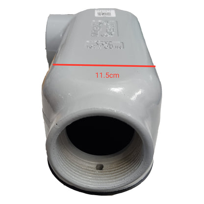 Gray pipe fitting with measurement label on a white background