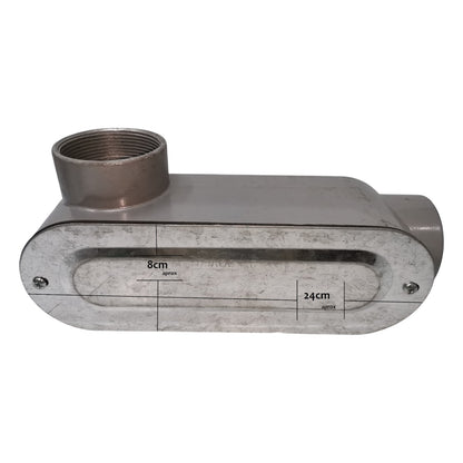 Metal pipe fitting with dimensions on a white background