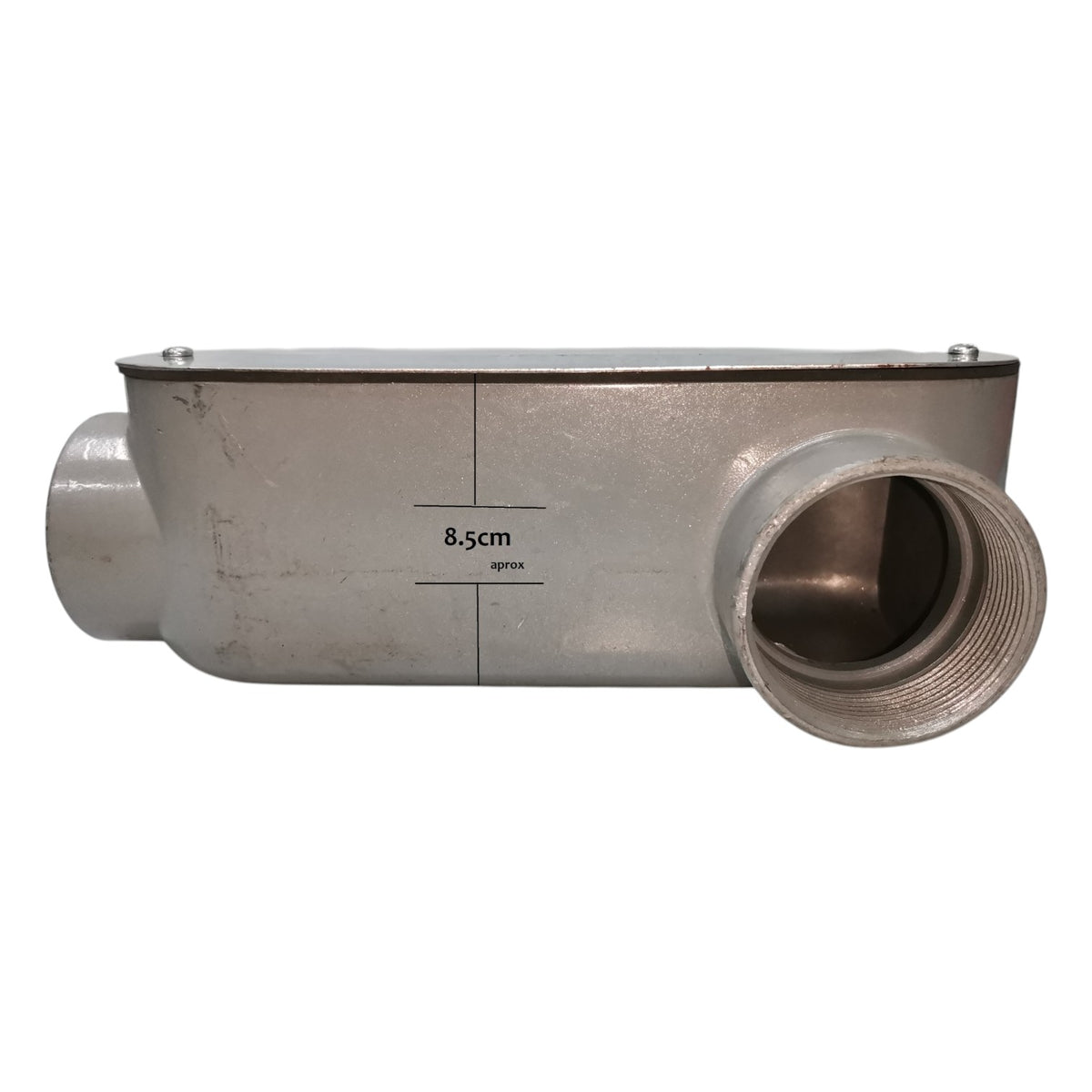 Metal pipe fitting with dimensions on a white background