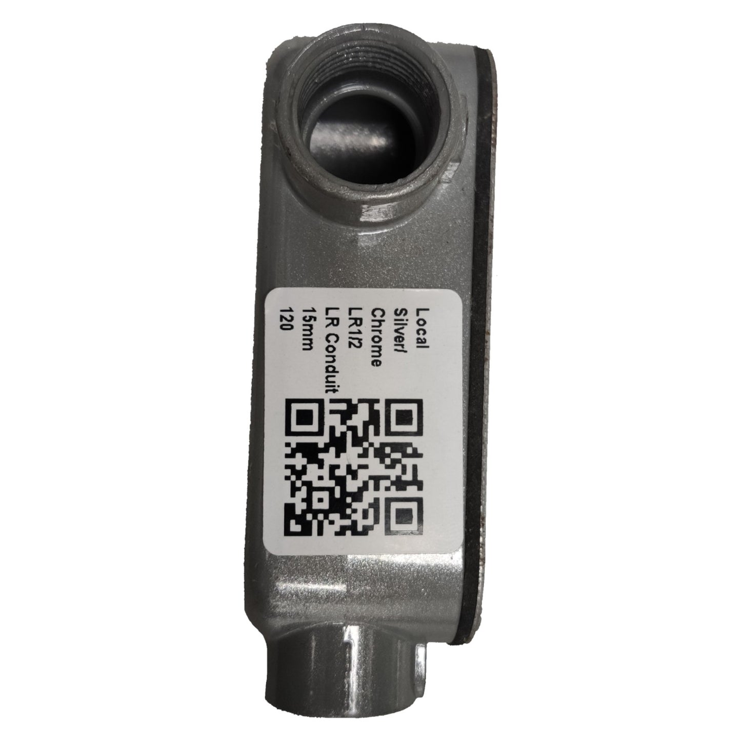 Metal component with a QR code label on a white background