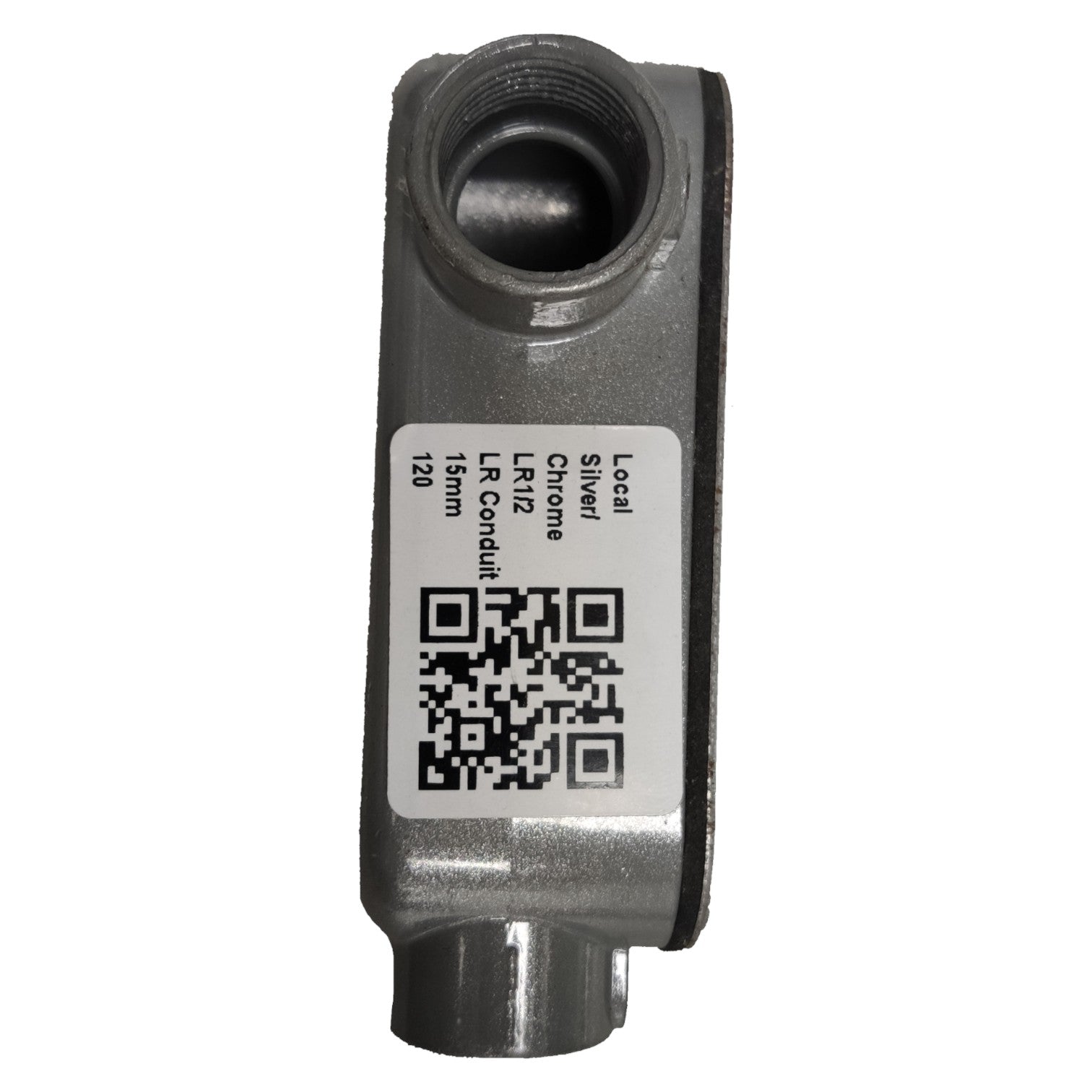 Metal component with a QR code label on a white background