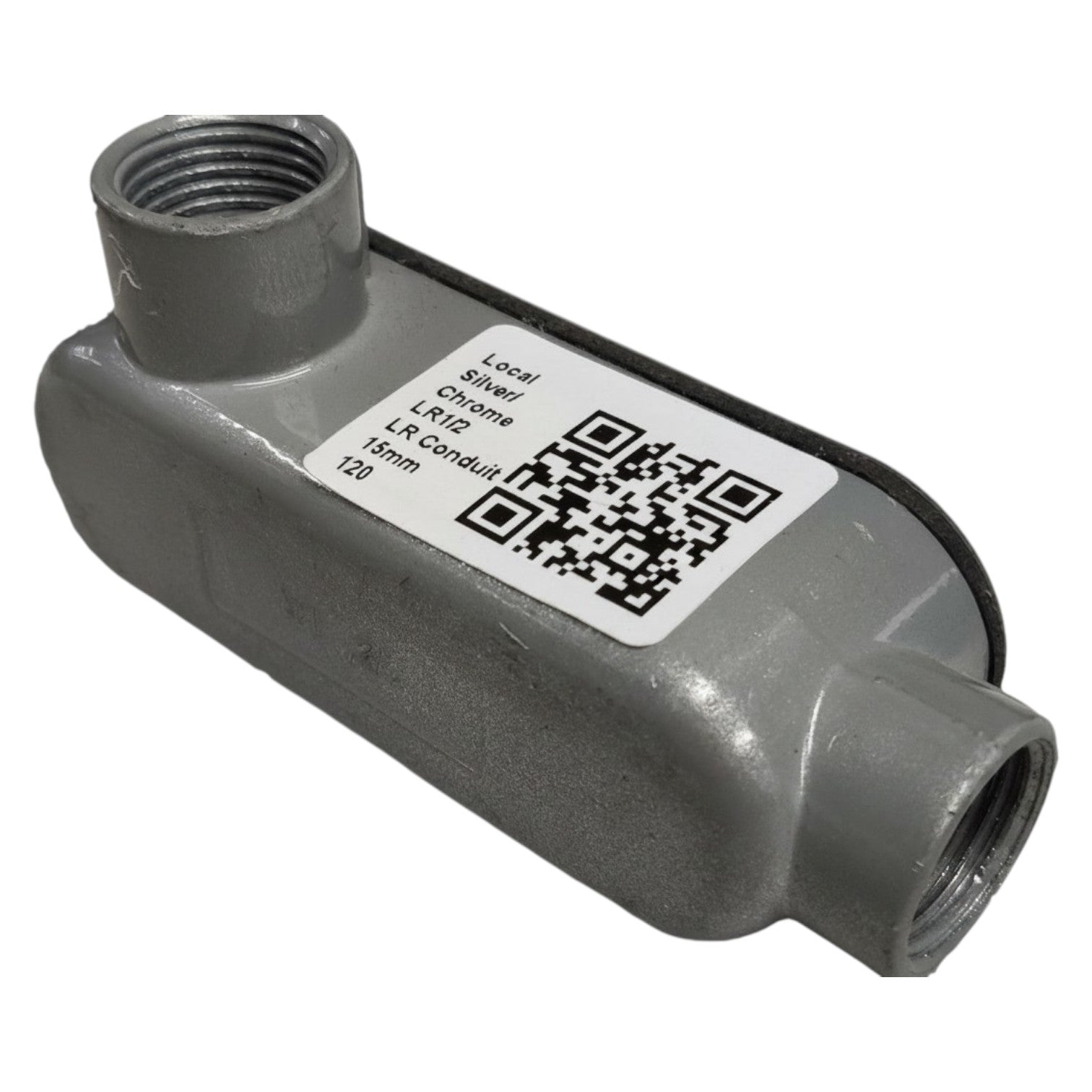 Gray metal fitting with a QR code label on a white background