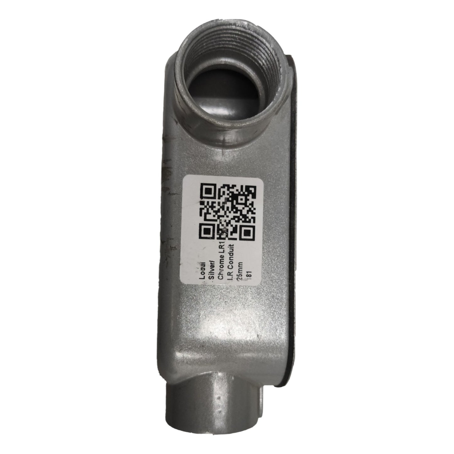 Metal valve with a QR code label on a white background