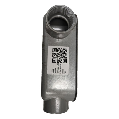 Metal valve with a QR code label on a white background