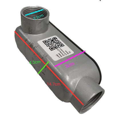 Gray metal fitting with dimensions and a QR code label on a white background