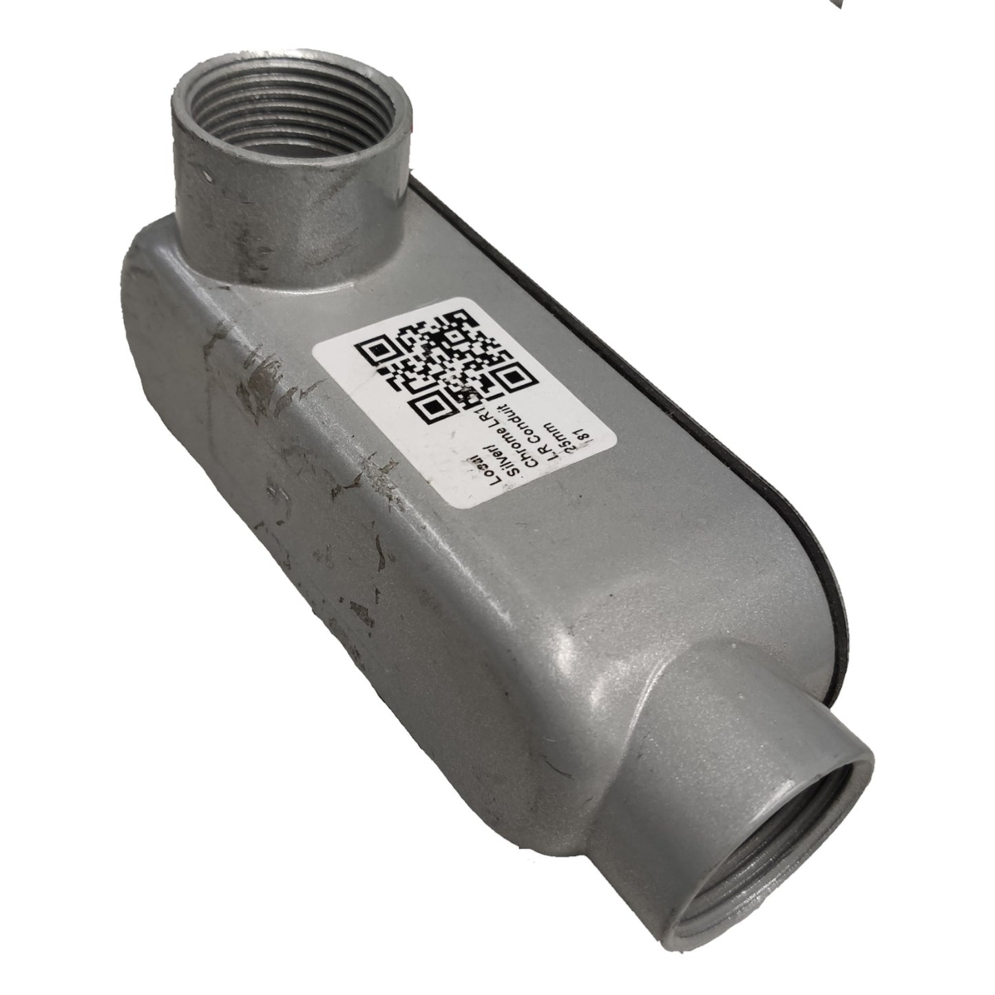 Metal valve with a QR code label on a white background