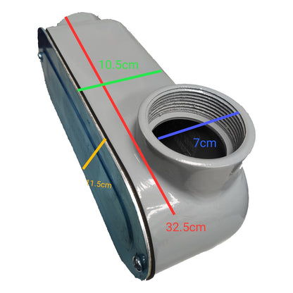 Pipe fitting with measurements marked on a white background