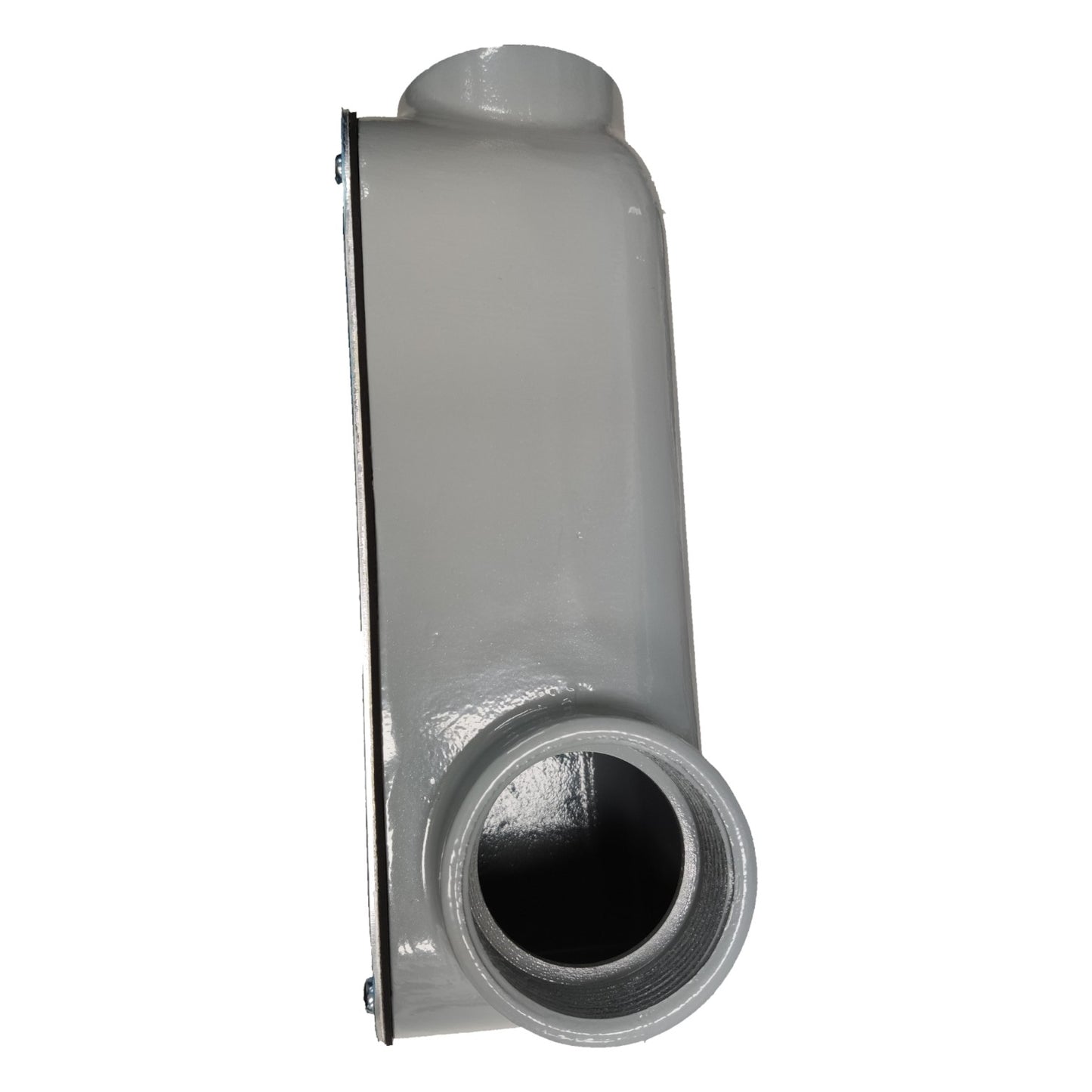 Metallic duct connector on a white background