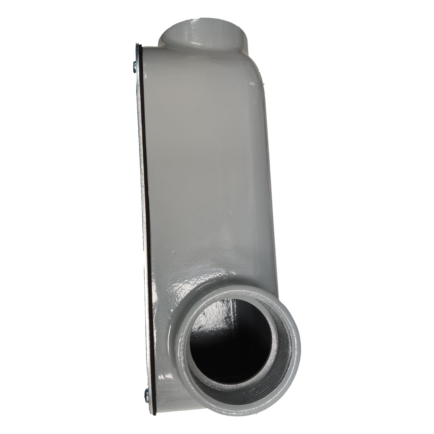 Metallic duct connector on a white background