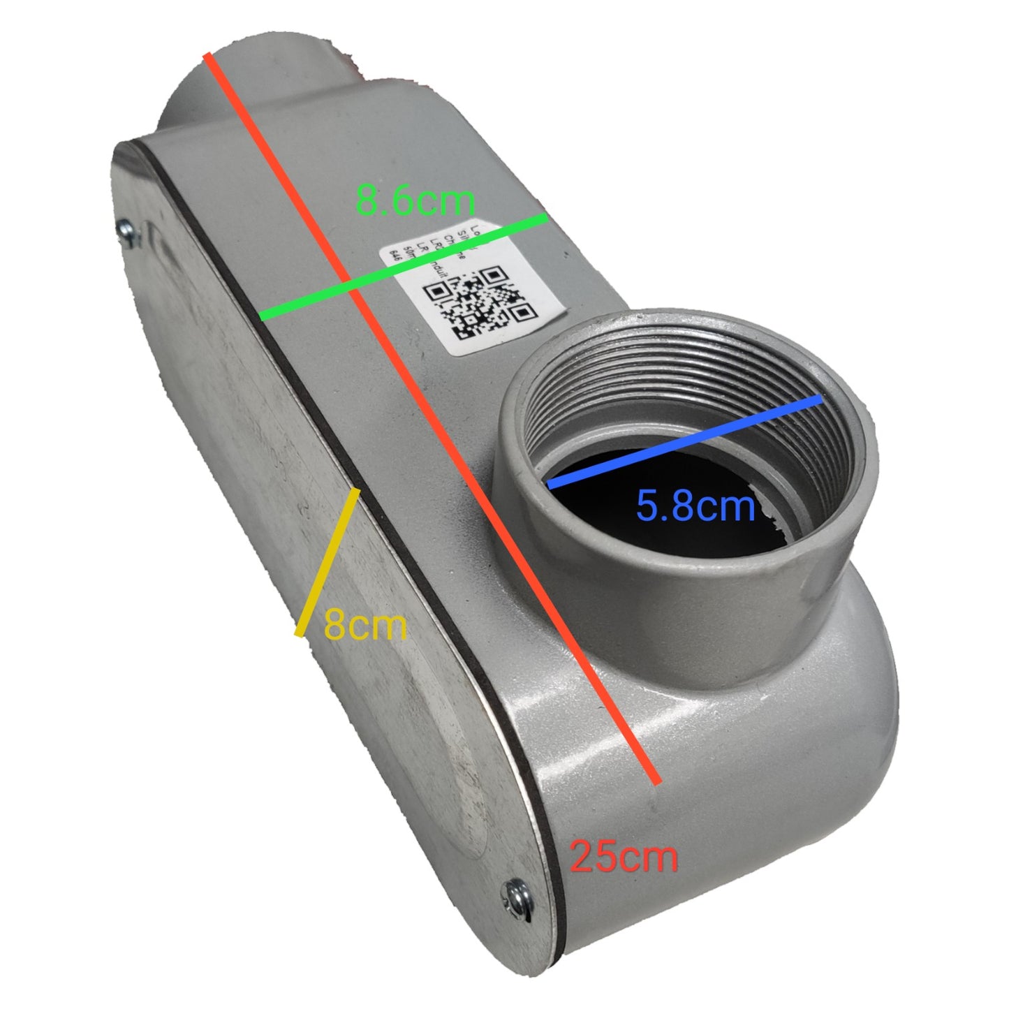 Metal pipe fitting with measurements and a QR code on a white background
