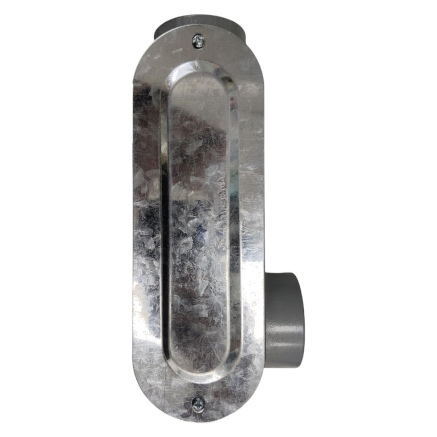 Metal door handle with a textured finish on a white background