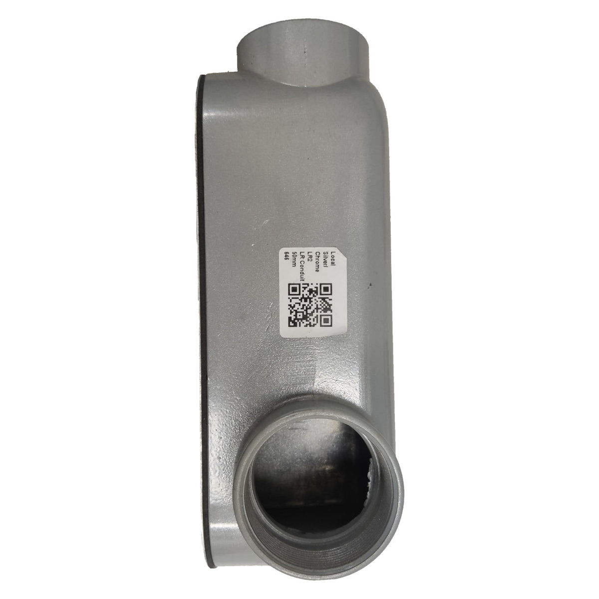 Metal pipe fitting with a QR code label on a white background