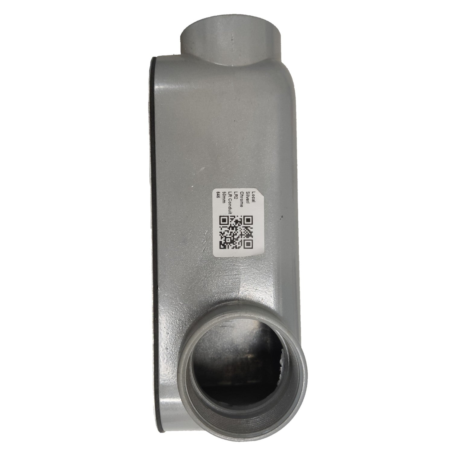 Metal pipe fitting with a QR code label on a white background