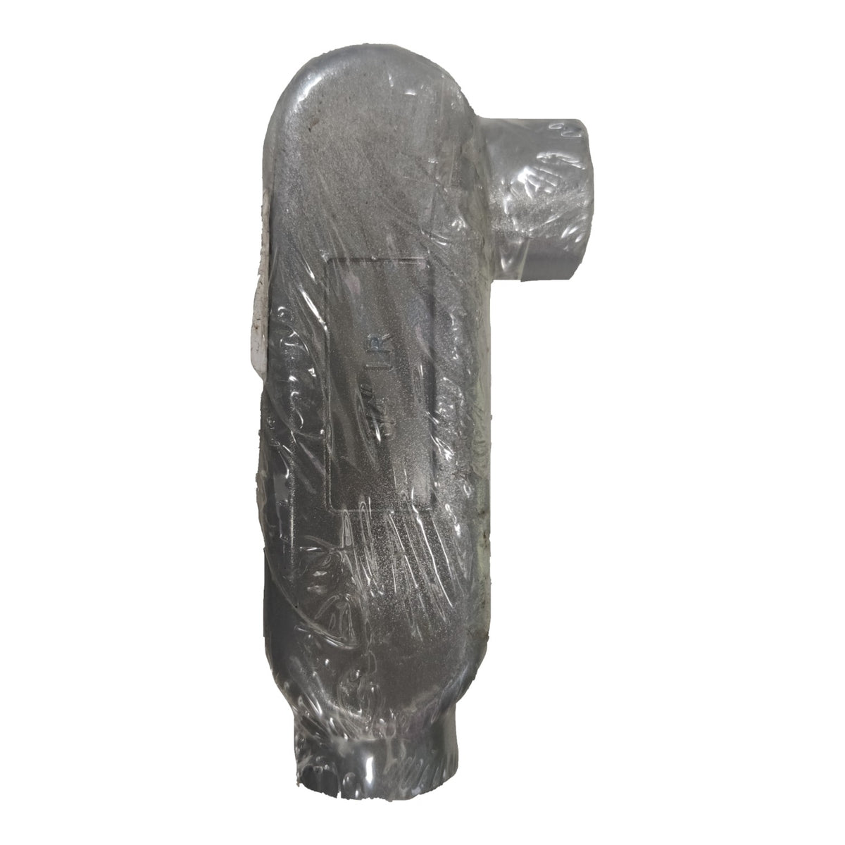 Metallic exhaust pipe wrapped in clear plastic on a white background