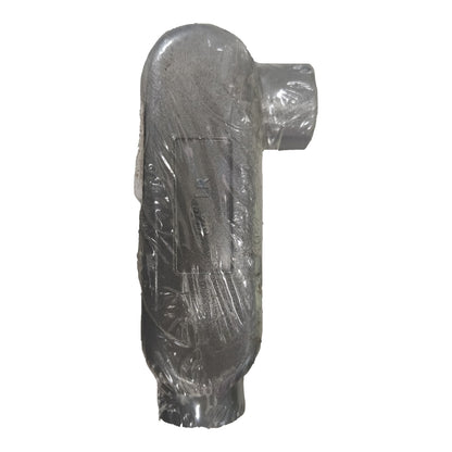 Metallic exhaust pipe wrapped in clear plastic on a white background