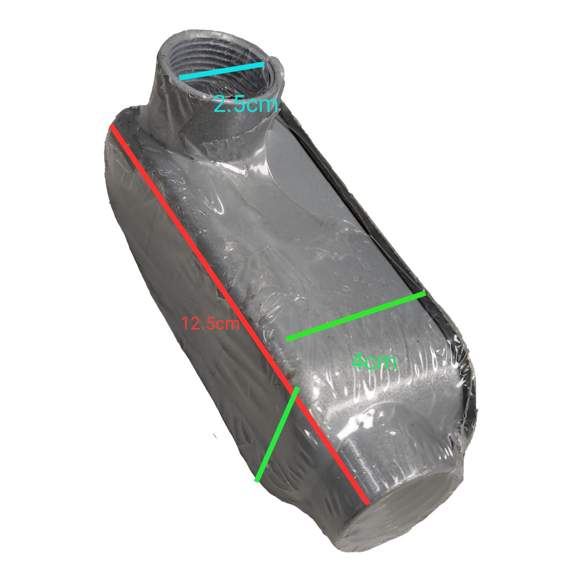 Metallic exhaust pipe with measurements on a white background