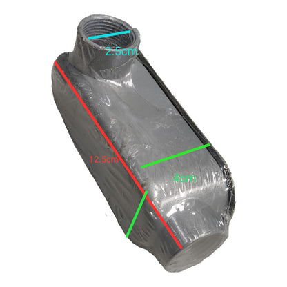 Metallic exhaust pipe with measurements on a white background