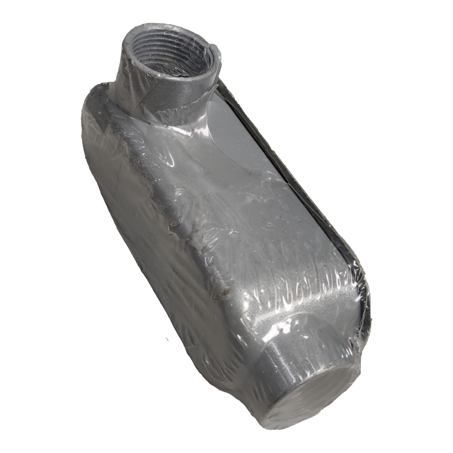 Metallic exhaust pipe with a threaded end, wrapped in plastic on a white background