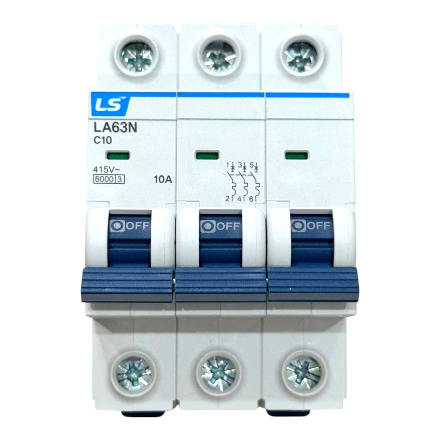 A three-way modular miniature circuit breaker (MCB) rated LA63N C10 10A, featuring white plastic housings, blue switch handles, and blue terminal blocks, shown on a solid white background.