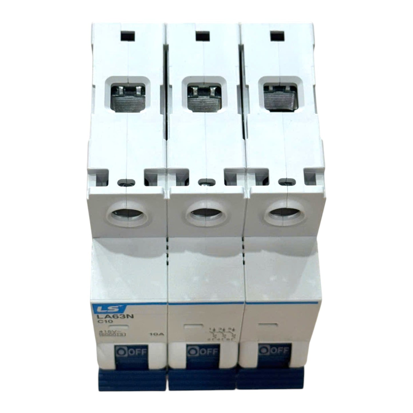 Three LS brand modular circuit breakers, 32A 4P, white plastic with blue base and switch details, shown on a white background.