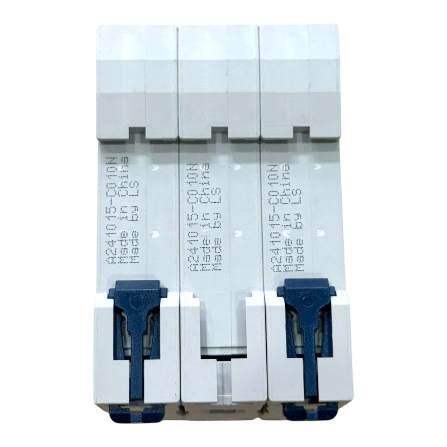 A 3-pole modular electrical circuit breaker module with white plastic bodies and blue latch mechanisms, shown against a plain white background.