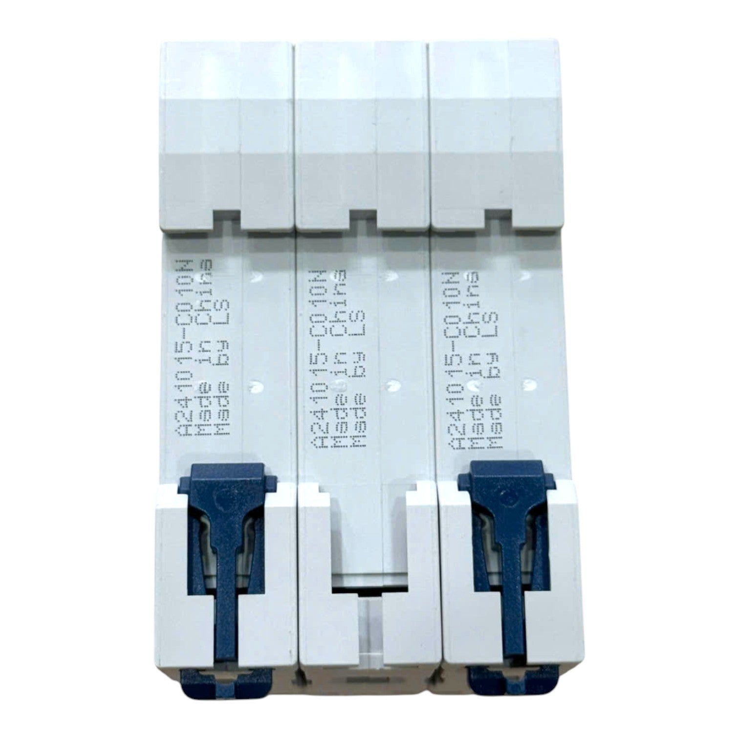 A 3-pole modular electrical circuit breaker module with white plastic bodies and blue latch mechanisms, shown against a plain white background.