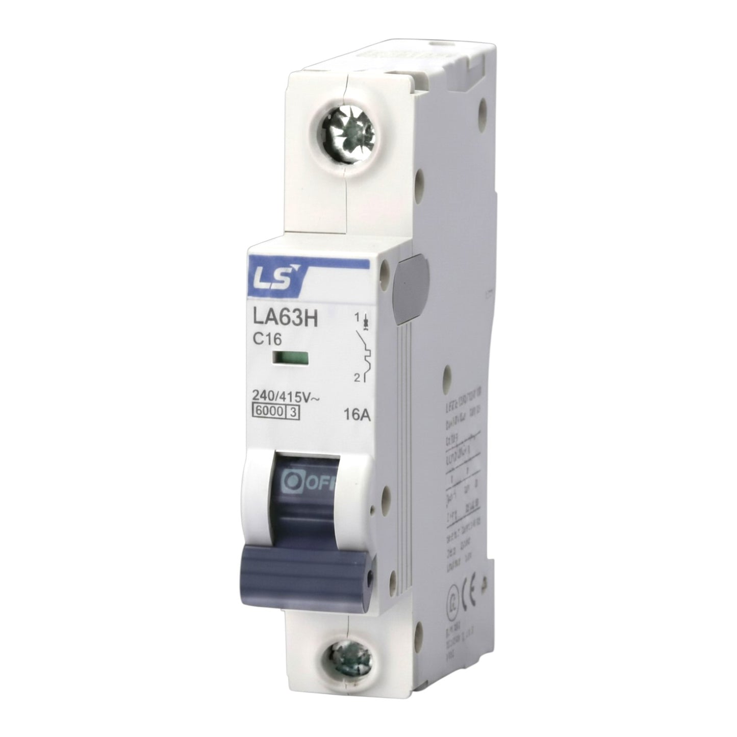 An LS brand LA63H C16 miniature circuit breaker (MCB) with a white plastic housing, blue and gray details, and a 16A rating, shown on a plain white background.