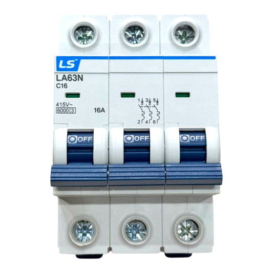 A three-way modular miniature circuit breaker (MCB) rated LA63N C16, 415V, 16A, manufactured by LS. The unit features white plastic housing with blue accents on the switches, labels, and top/bottom terminal strips, shown against a plain white background.
