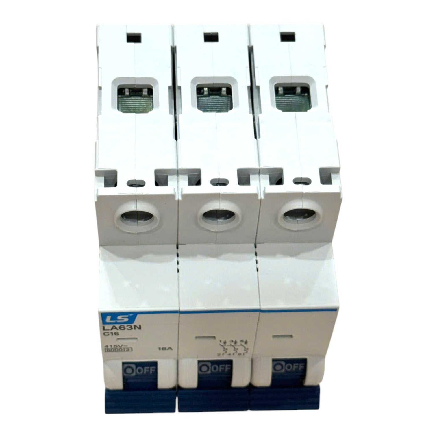 Three white modular circuit breakers stacked vertically, featuring blue accents, a blue brand label, and dark blue handle bases, shown against a plain white background.