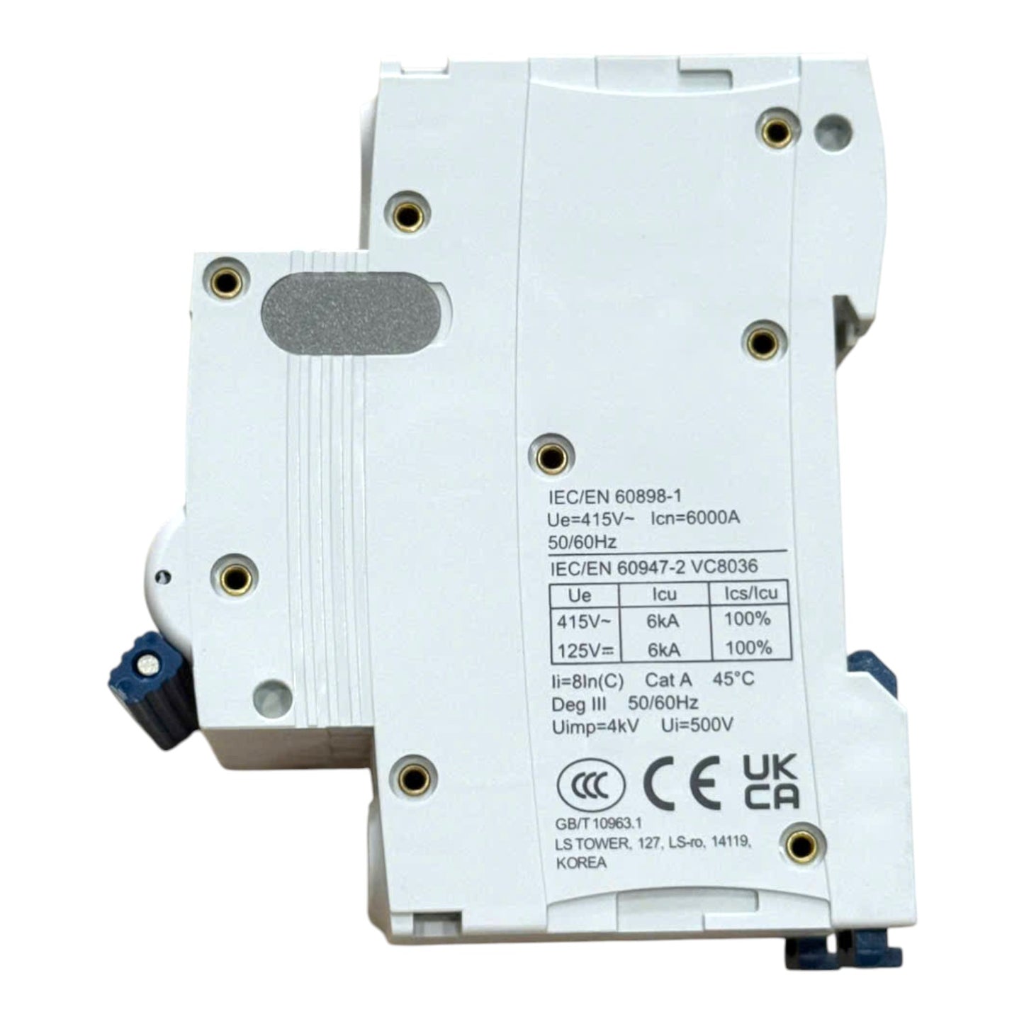 A white plastic molded electrical component with printed technical specifications and certification marks on the side, photographed on a plain white background.