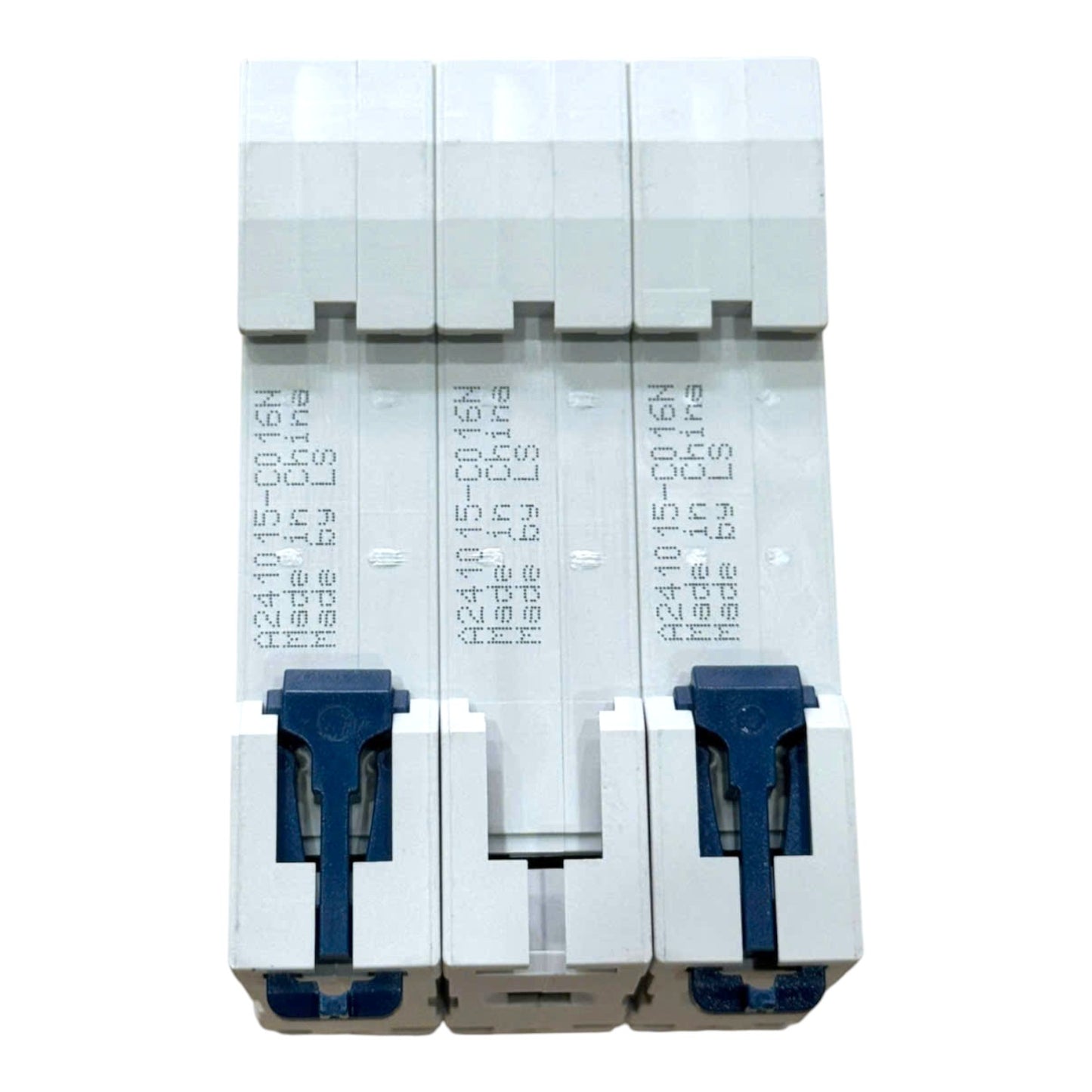 Three modular electrical circuit breakers in a 3-pole configuration, featuring white plastic bodies with blue latch mechanisms and black printed technical specifications.