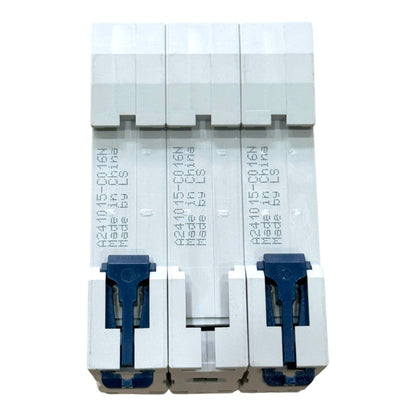 Three modular electrical circuit breakers in a 3-pole configuration, featuring white plastic bodies with blue latch mechanisms and black printed technical specifications.