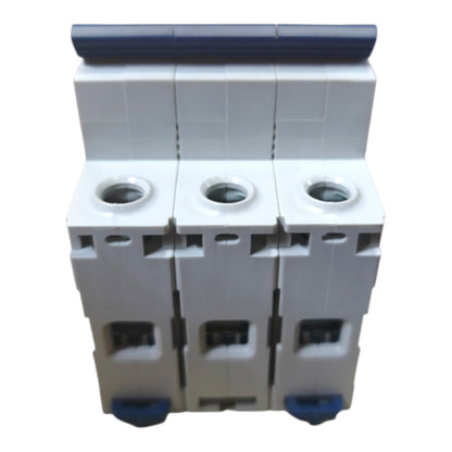 A three-pin modular electrical component, likely a circuit breaker or terminal block, featuring a white plastic body with a dark gray top rail and blue accents on the bottom terminals, shown against a plain white background.