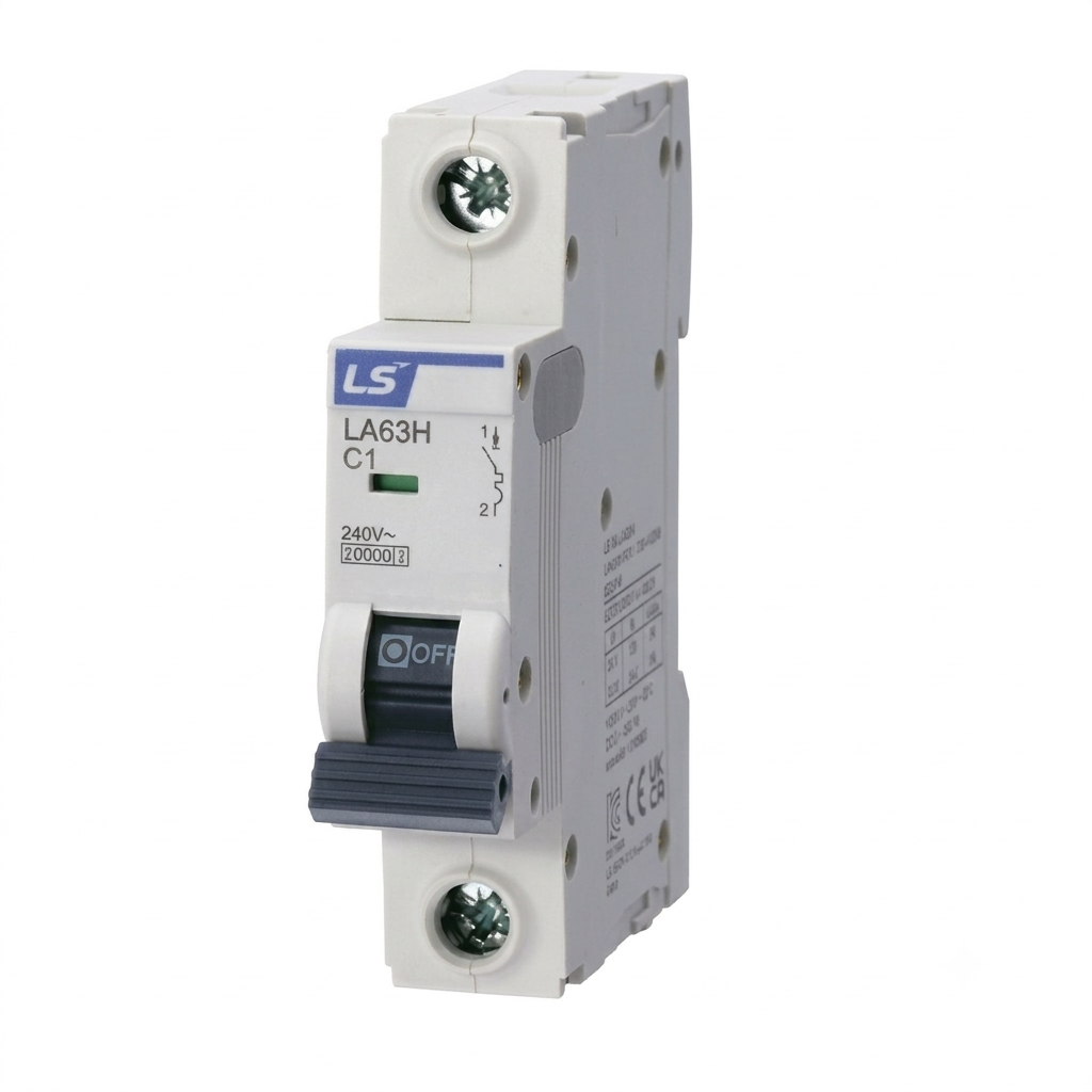 A white LS brand LA63H C2 miniature circuit breaker with a dark gray handle, shown on a plain white background.