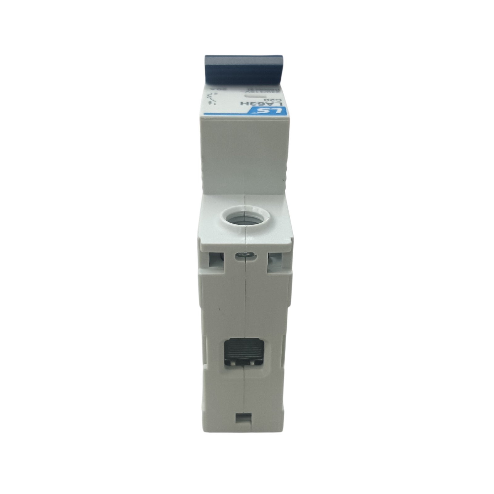 White electronic device with a blue label on a white background