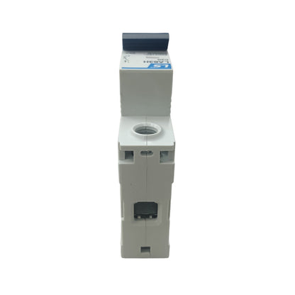 White electronic device with a blue label on a white background