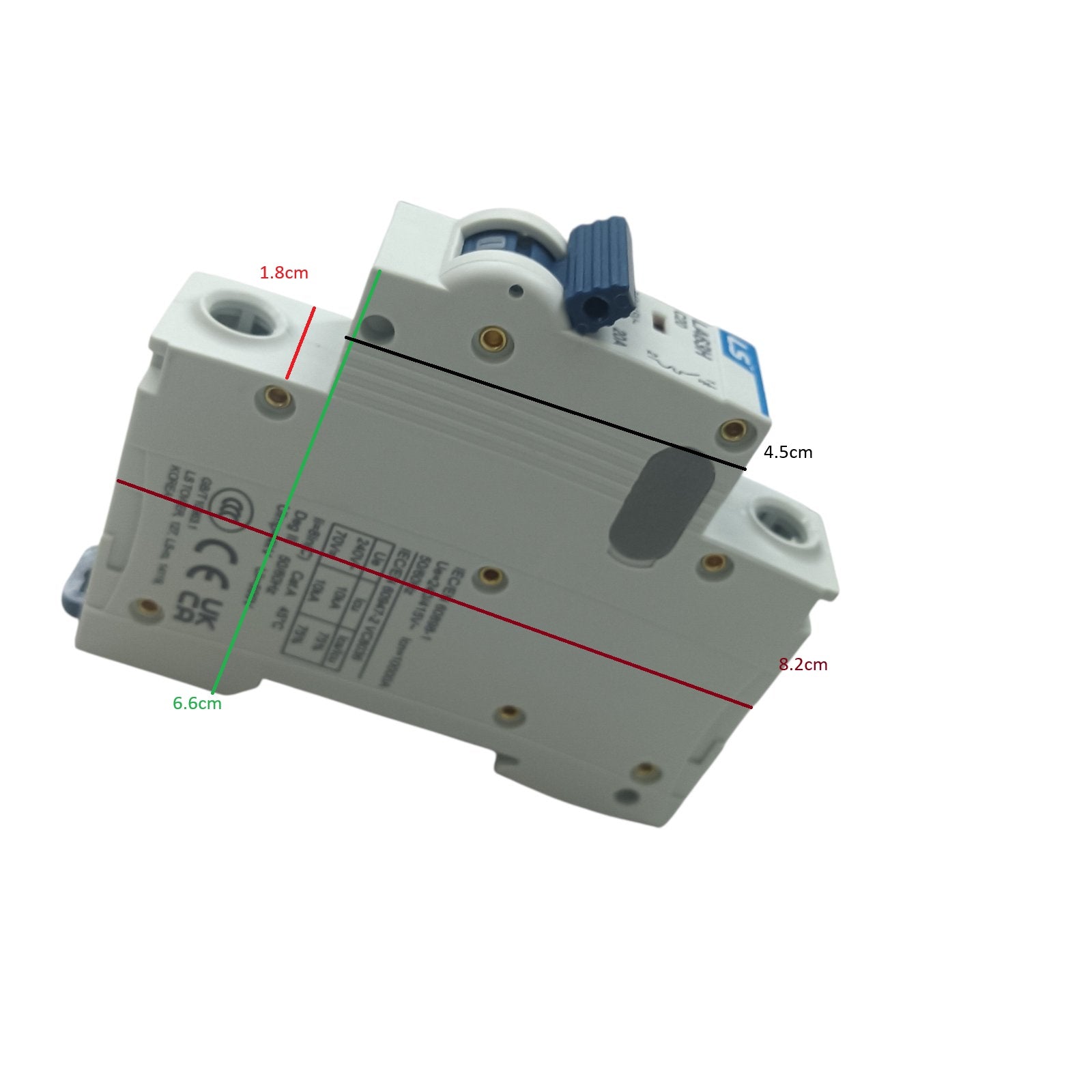 Electrical circuit breaker with dimensions marked on a white background