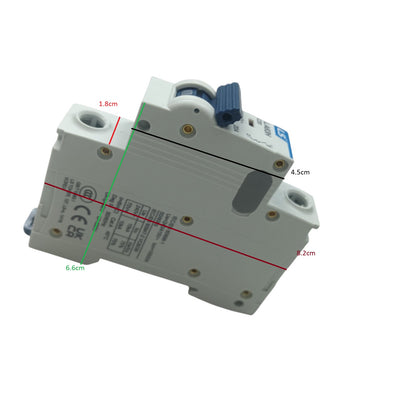 Electrical circuit breaker with dimensions marked on a white background