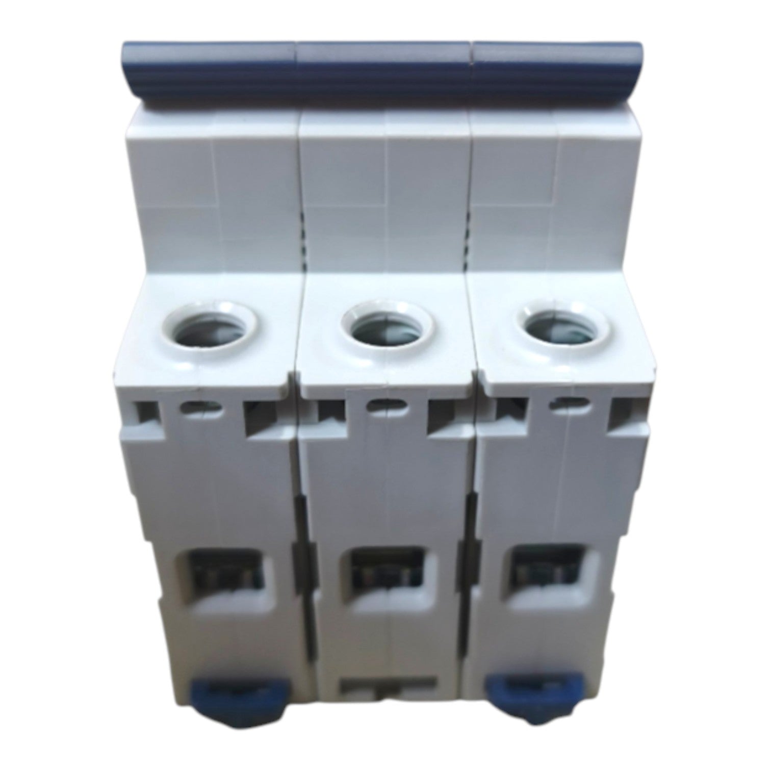 A three-pin modular electrical component, likely a circuit breaker or terminal block, featuring a white plastic body with a dark gray top rail and blue accents on the bottom terminals, shown against a plain white background.