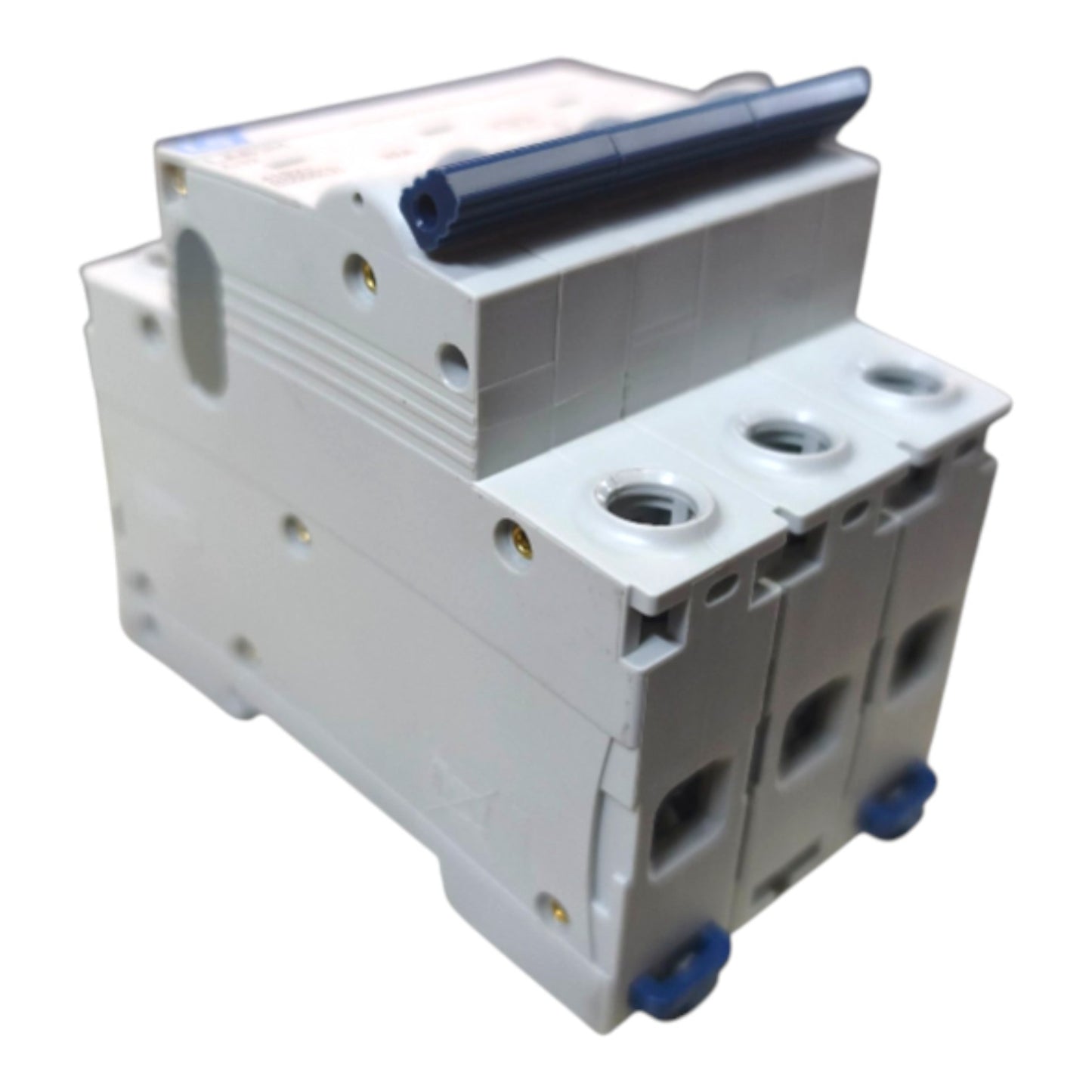A white plastic modular electrical component, likely a circuit breaker or relay module, featuring blue accents on the top lever and bottom feet, isolated on a white background.