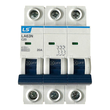 A three-pole modular circuit breaker, model LS LA63N C20, 20A, 415V, featuring white plastic housing with blue accents and dark blue handles, shown on a solid white background.