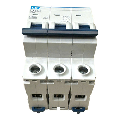A three-pole modular circuit breaker with a white plastic body, blue top handle cover, and blue terminal caps, shown on a plain white background.