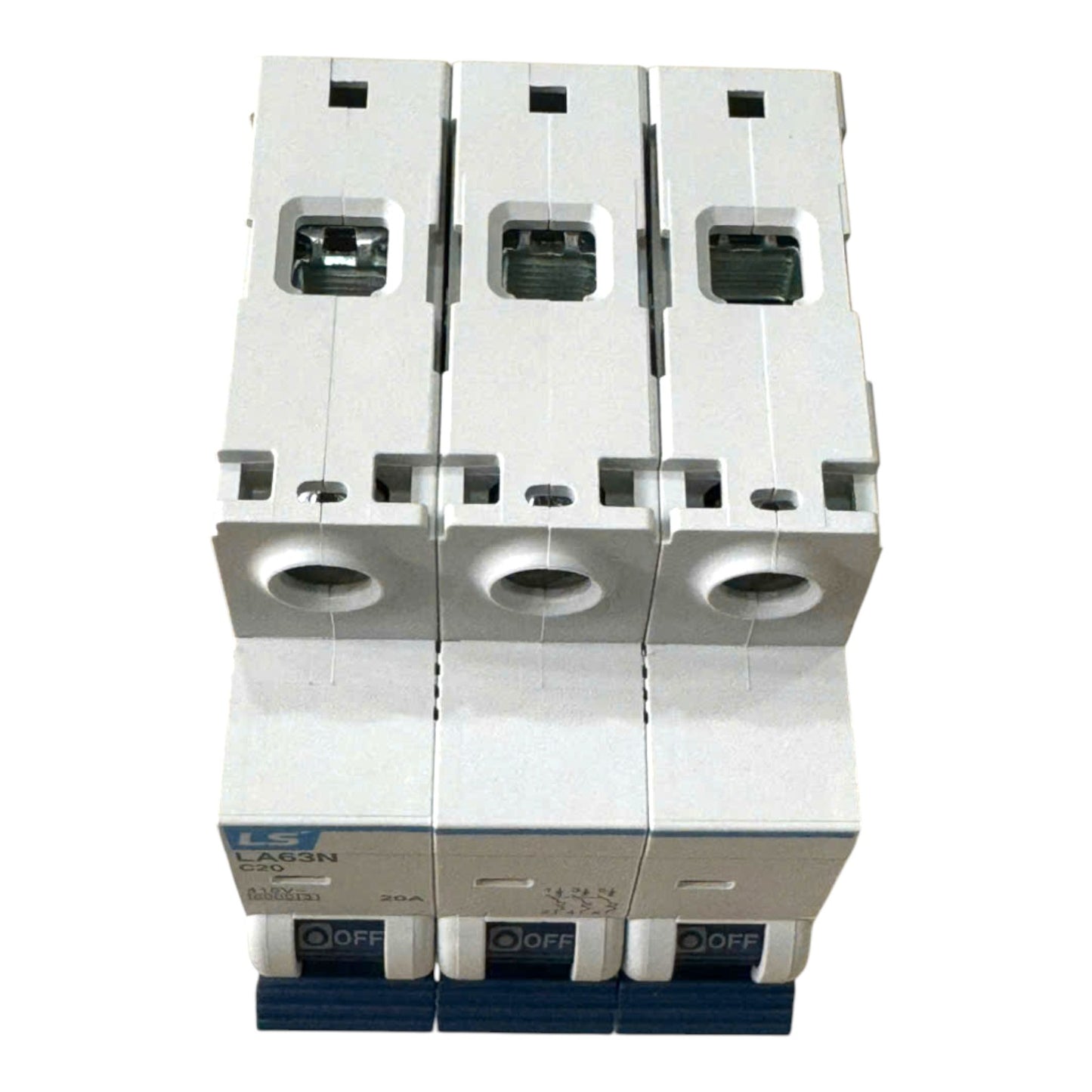 Three modular circuit breakers stacked vertically, featuring white plastic housings with blue lower switches and dark green terminal windows, shown against a plain white background.